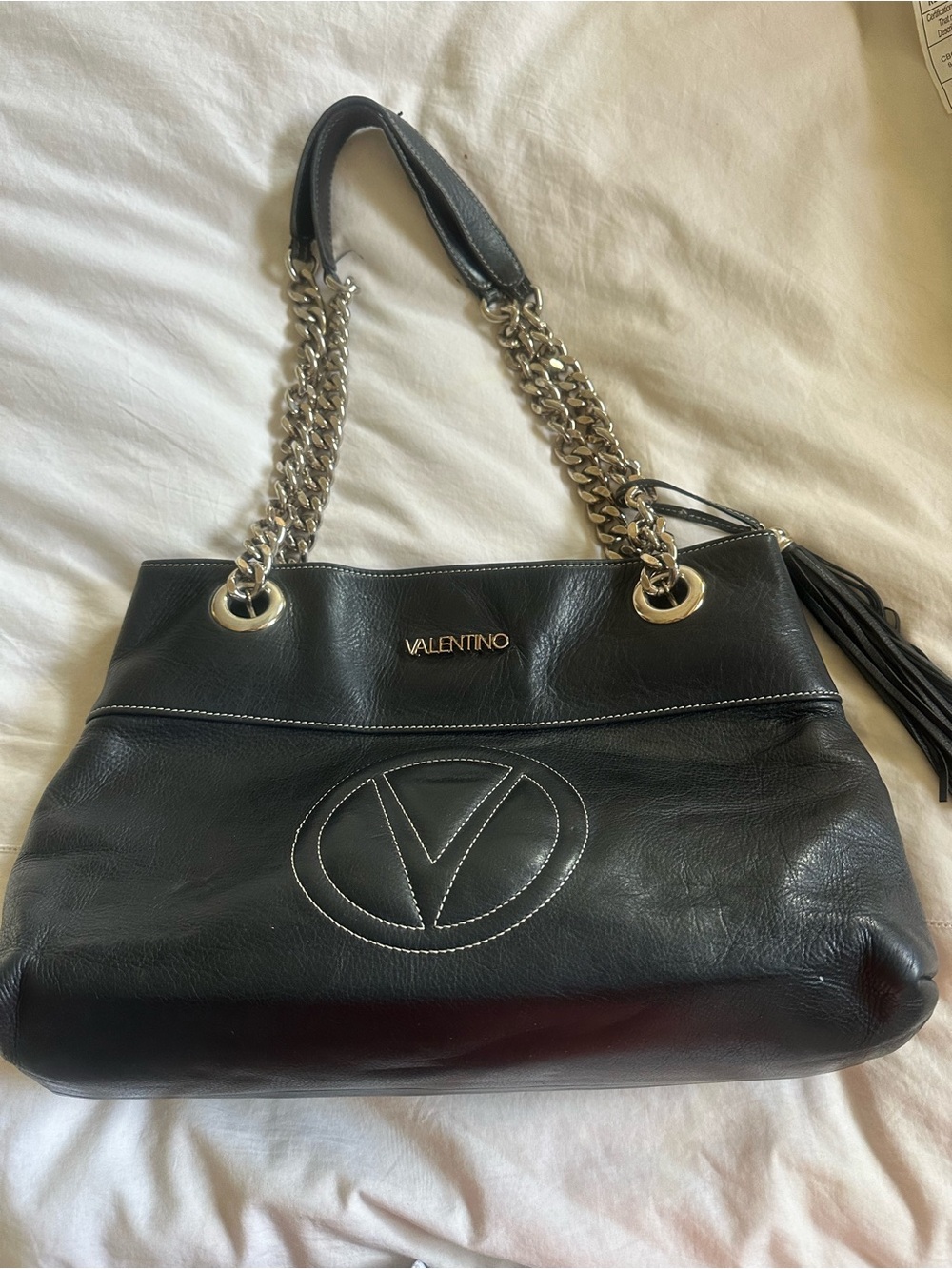 Valentino Black Leather Shoulder Bag with Chain Straps